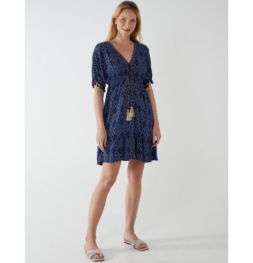 Aztec Printed Tassel V Neck Mini Dress Aztec Printed Tassel V Neck Mini Dress