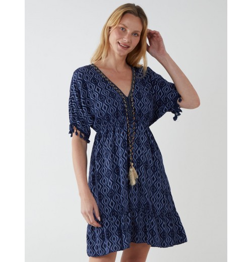 Aztec Printed Tassel V Neck Mini Dress Aztec Printed Tassel V Neck Mini Dress