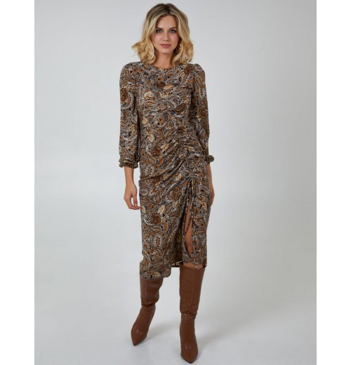 Ruched Midi Dress With Balloon Sleeve Ruched Midi Dress With Balloon Sleeve