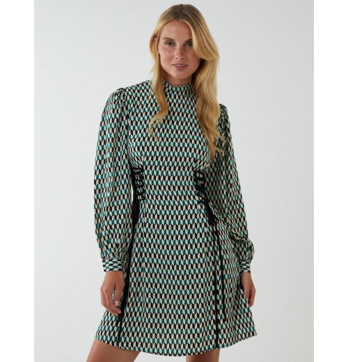 Geometric Print Lace Side Waist High Neck Dress Geometric Print Lace Side Waist High Neck Dress