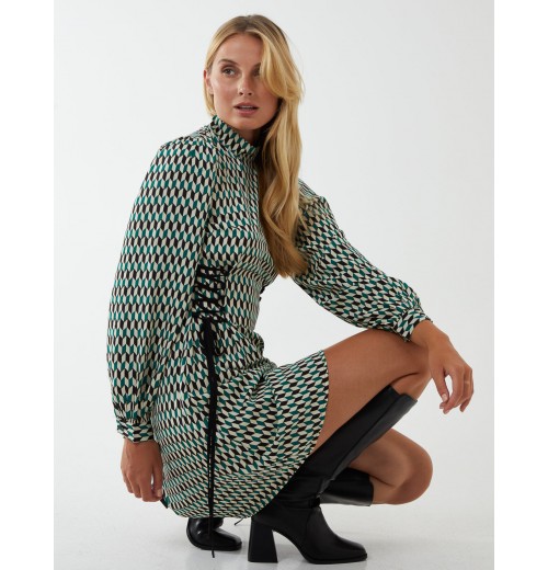 Geometric Print Lace Side Waist High Neck Dress Geometric Print Lace Side Waist High Neck Dress