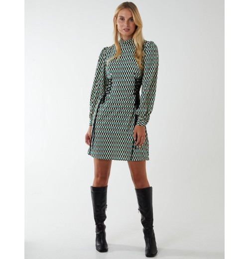 Geometric Print Lace Side Waist High Neck Dress Geometric Print Lace Side Waist High Neck Dress