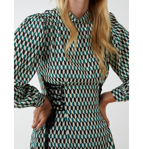 Geometric Print Lace Side Waist High Neck Dress Geometric Print Lace Side Waist High Neck Dress