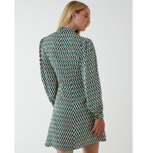 Geometric Print Lace Side Waist High Neck Dress Geometric Print Lace Side Waist High Neck Dress