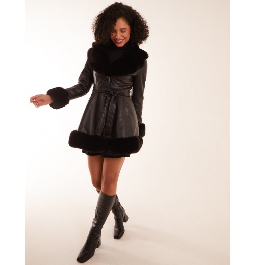 PU Faux Fur Trimmed Belted Coat PU Faux Fur Trimmed Belted Coat
