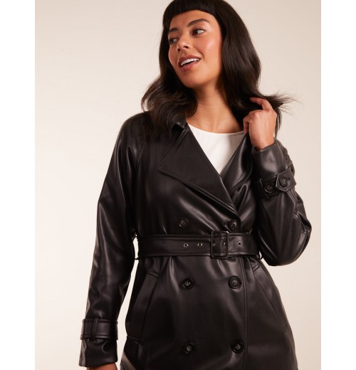 Faux Leather Belted Trench Coat Faux Leather Belted Trench Coat