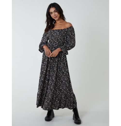 Puff Sleeve Square Neck Shirred Midi Dress Puff Sleeve Square Neck Shirred Midi Dress
