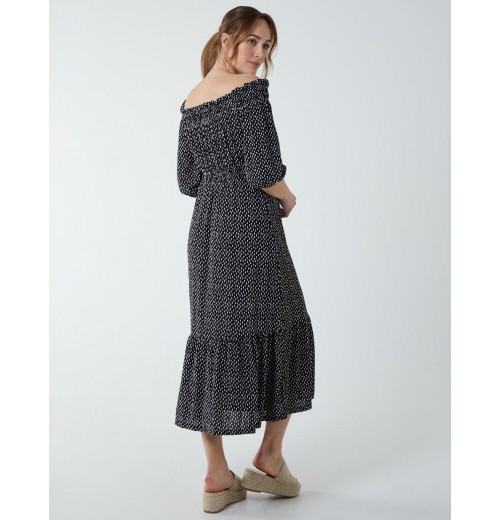 Off Shoulder Shirring Elastic Midi Dress Off Shoulder Shirring Elastic Midi Dress