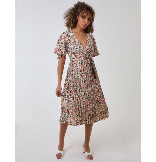 Wrap Front Pleated Hem Dress With Angel Sleeves Wrap Front Pleated Hem Dress With Angel Sleeves