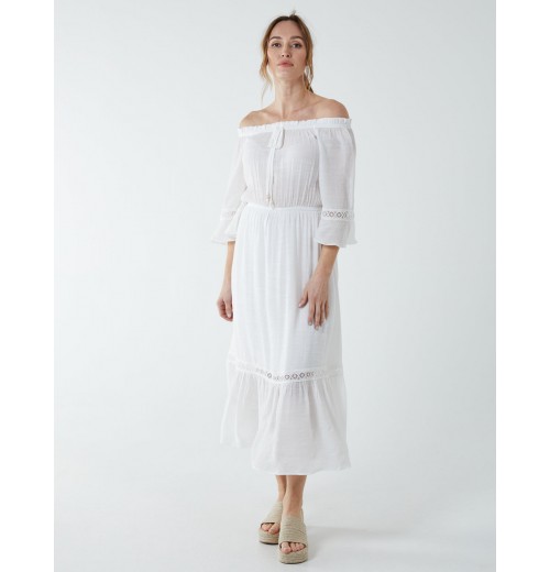 Off Shoulder Elasticated Lace Insert Midi Dress Off Shoulder Elasticated Lace Insert Midi Dress