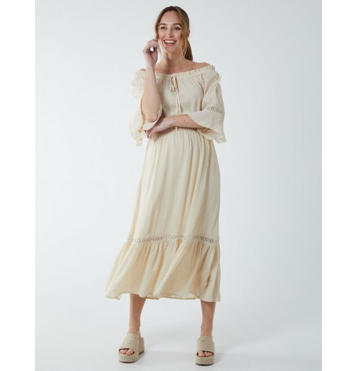 Off Shoulder Elasticated Lace Insert Midi Dress Off Shoulder Elasticated Lace Insert Midi Dress