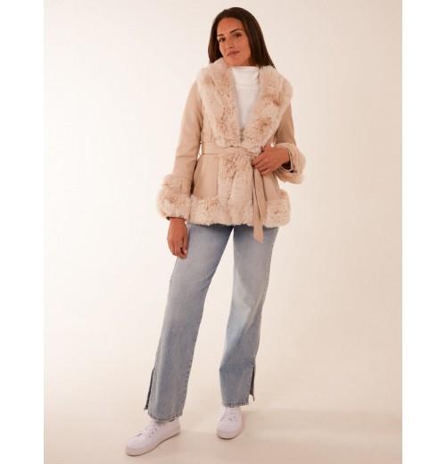 Faux Fur PU Coat With Belt Faux Fur PU Coat With Belt
