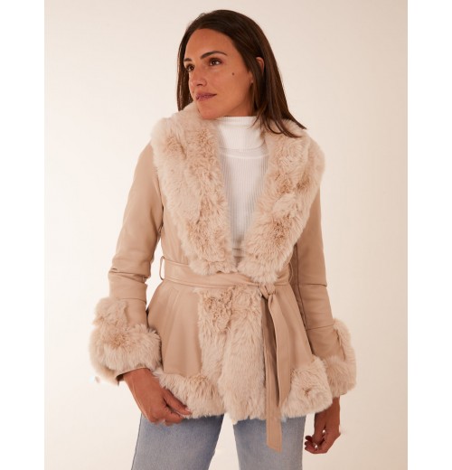 Faux Fur PU Coat With Belt Faux Fur PU Coat With Belt