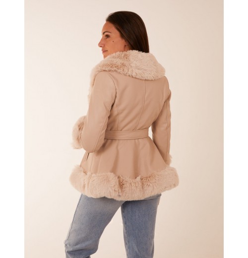 Faux Fur PU Coat With Belt Faux Fur PU Coat With Belt