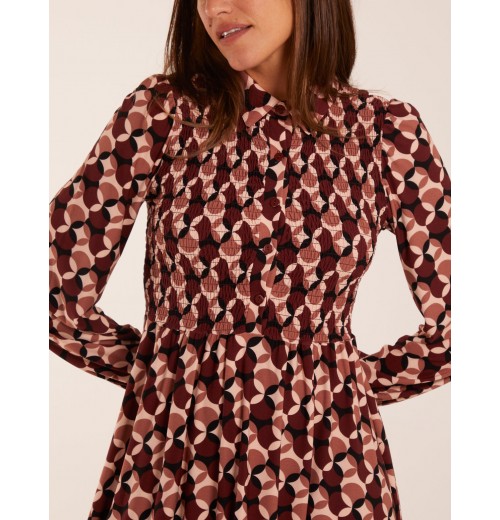 Geometric Print Shirred Bust Long Sleeve Shirt Dress Geometric Print Shirred Bust Long Sleeve Shirt Dress
