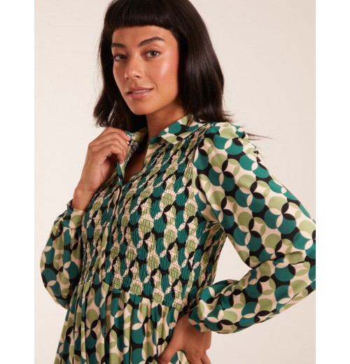 Geometric Print Shirred Bust Long Sleeve Shirt Dress Geometric Print Shirred Bust Long Sleeve Shirt Dress