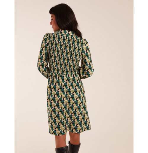 Geometric Print Shirred Bust Long Sleeve Shirt Dress Geometric Print Shirred Bust Long Sleeve Shirt Dress