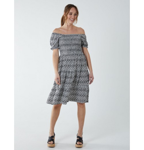 Puff Sleeve Bardot Shirred Dress Puff Sleeve Bardot Shirred Dress