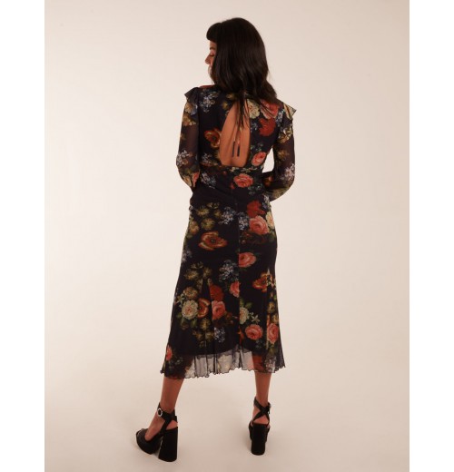 Godet Hem Frill Floral Cut Out Back Dress Godet Hem Frill Floral Cut Out Back Dress