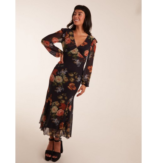 Godet Hem Frill Floral Cut Out Back Dress Godet Hem Frill Floral Cut Out Back Dress