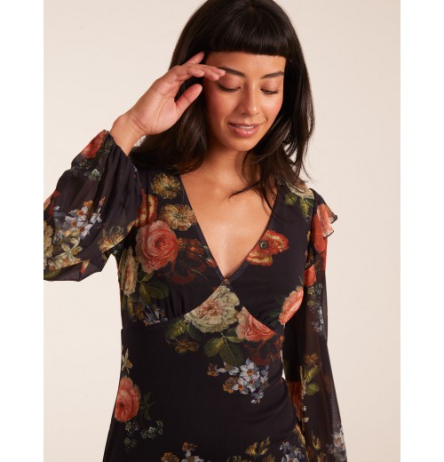 Godet Hem Frill Floral Cut Out Back Dress Godet Hem Frill Floral Cut Out Back Dress