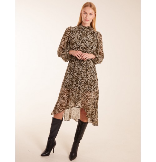 Leopard Print High Neck Wrap Frill Hem Midi Dress Leopard Print High Neck Wrap Frill Hem Midi Dress